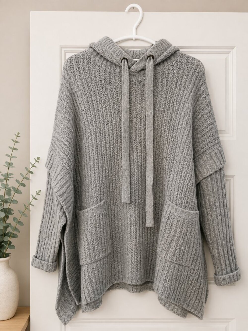 Heather Gray Hooded Knit Poncho Sweater
